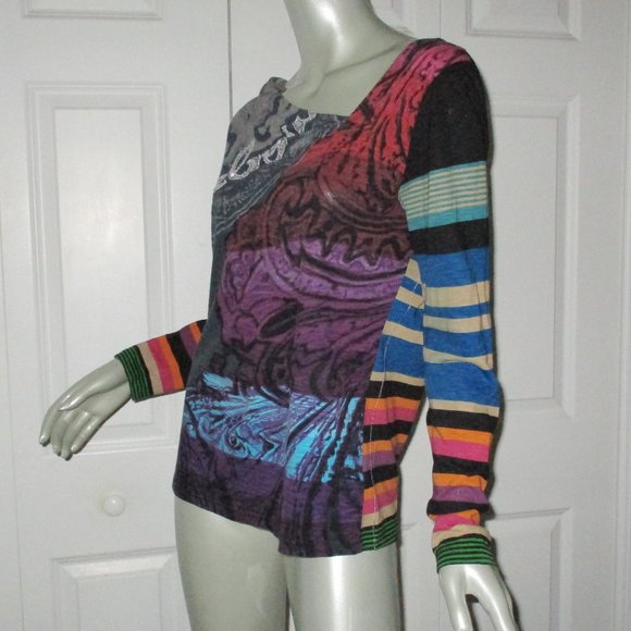 DESIGUAL Brown Multi-Pattern Long Sleeve Graphic Top Large - Picture 3 of 9
